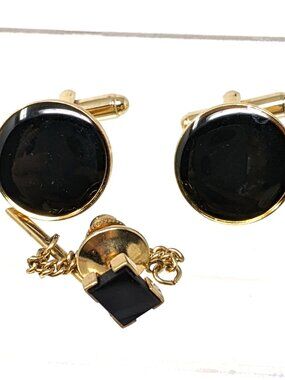 Black Gold Tone Cufflinks Tie Tac Set Round Minimalist Classic Business Formal